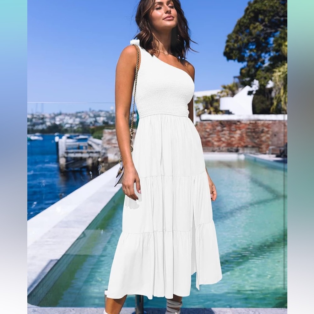 One shoulder smocked sleeveless midi dress